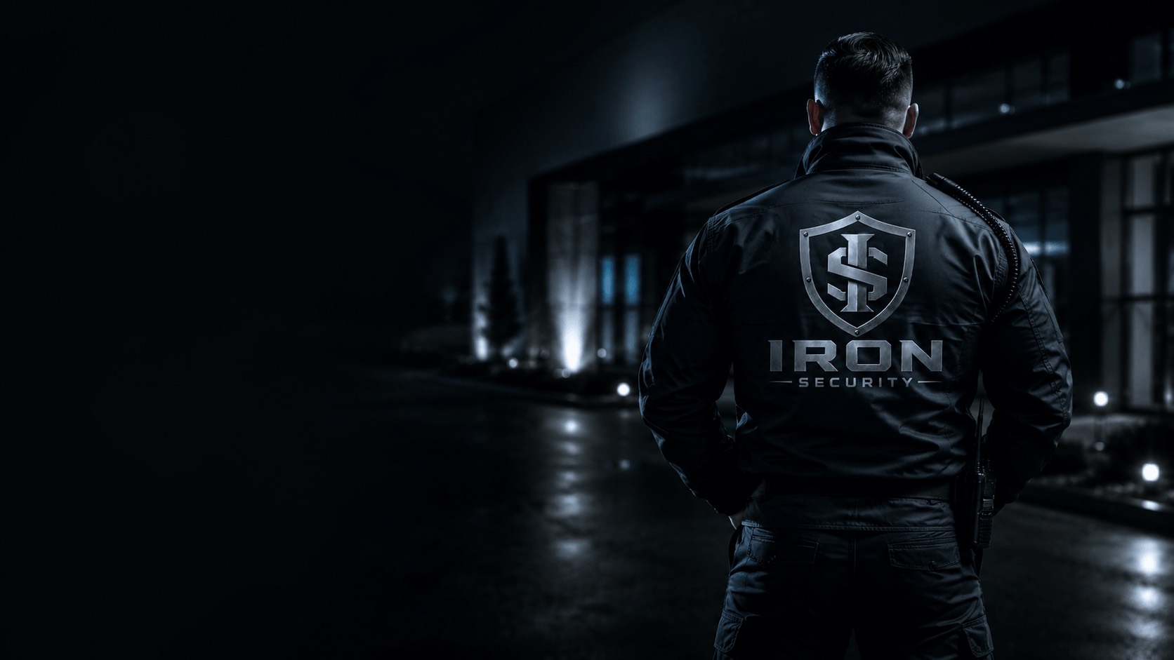 Iron Security turvatöötaja valves hämaras objekti ees